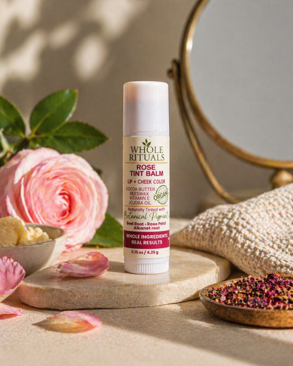 Rose tint balm by Whole Rituals on a wooden tray with flowers and a mirror in the background