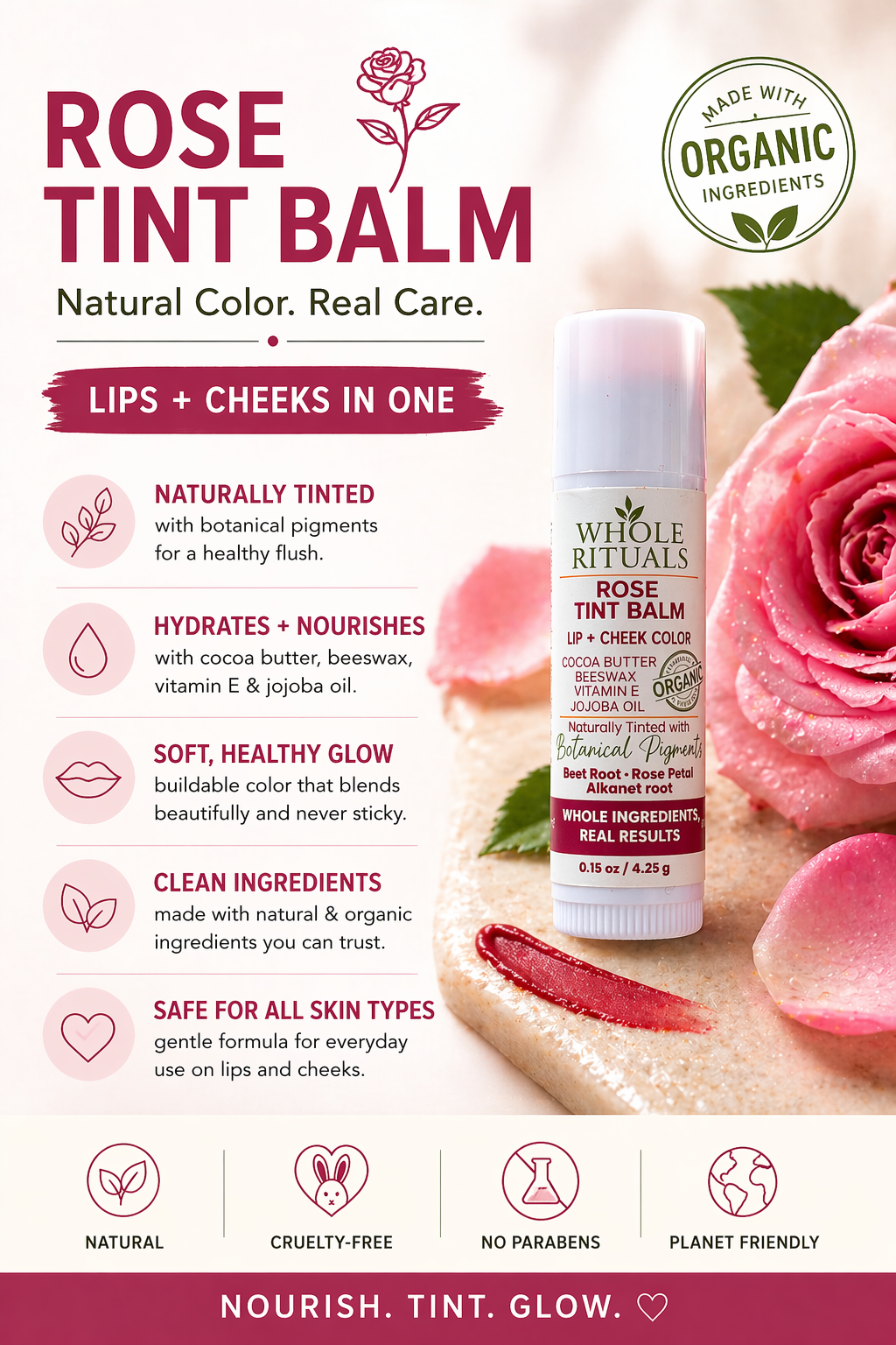 Rose tint balm packaging with product and branding details on a white background