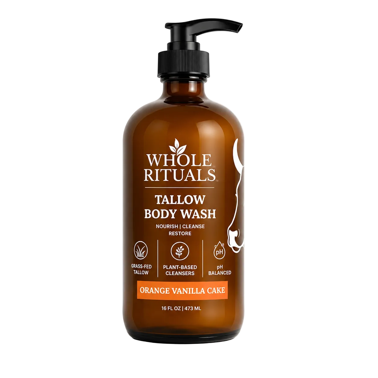 Brown bottle of Whole Rituals tallow body wash on a white background
