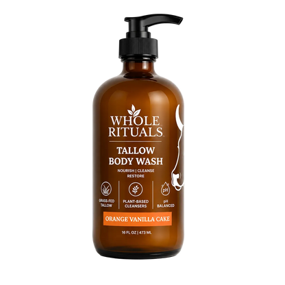 Brown bottle of Whole Rituals tallow body wash on a white background