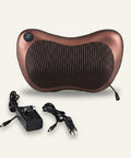 Brown massage pillow with power adapter and cable on a white background