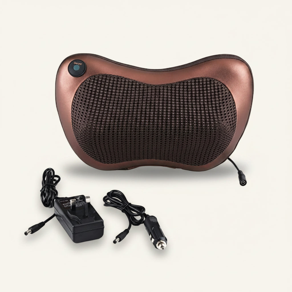 Brown massage pillow with power adapter and cable on a white background