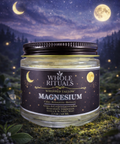 Jar of Whole Rituals Magnesium product with a night sky and moonlit forest background
