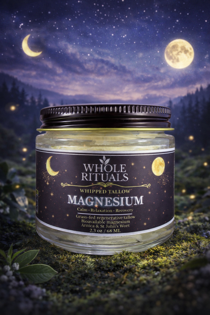 Jar of Whole Rituals Magnesium product with a night sky and moonlit forest background