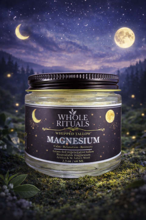 Jar of Whole Rituals Magnesium product with a night sky and moonlit forest background