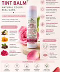 Rose tint balm packaging with product details and benefits on a pink background