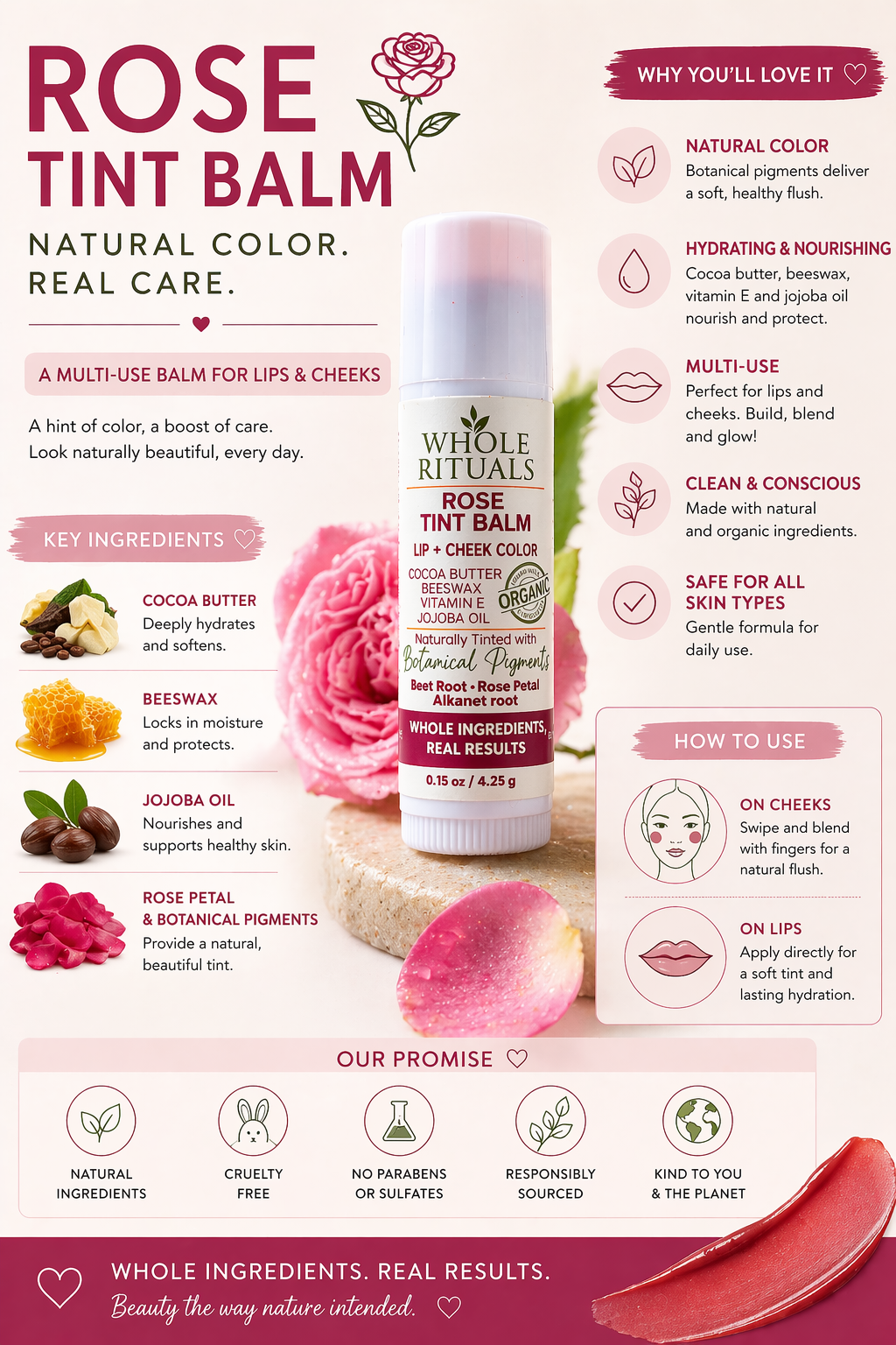 Rose tint balm packaging with product details and benefits on a pink background