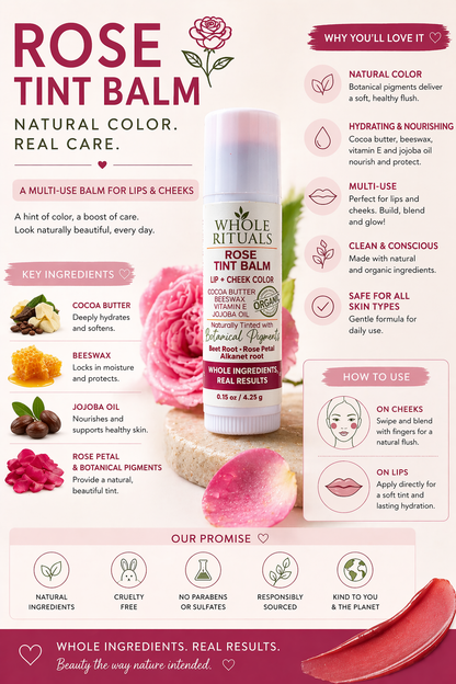 Rose tint balm packaging with product details and benefits on a pink background