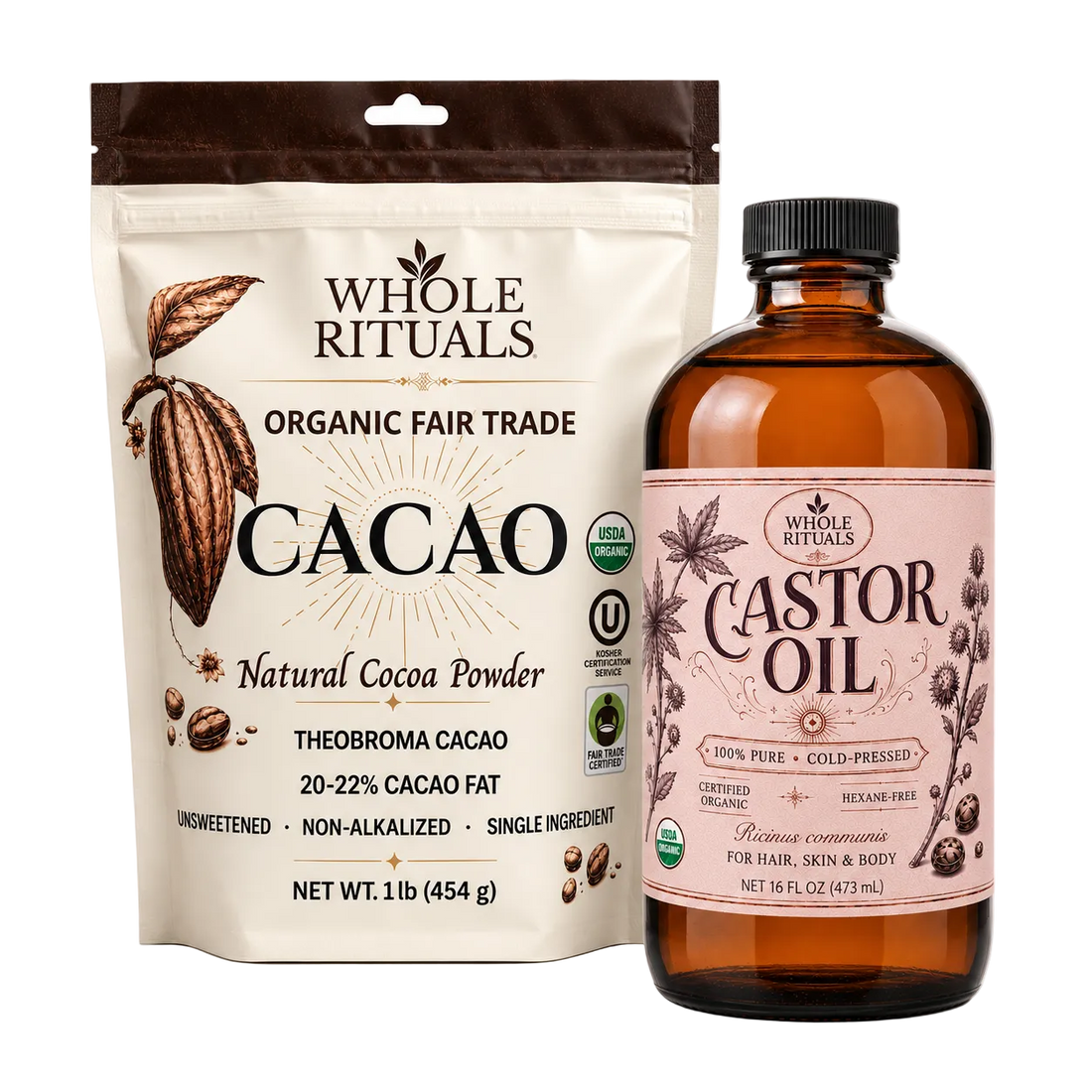 A Whole Rituals Organic Fair Trade Cacao bag standing next to a Whole Rituals Castor Oil bottle on a clean white background.