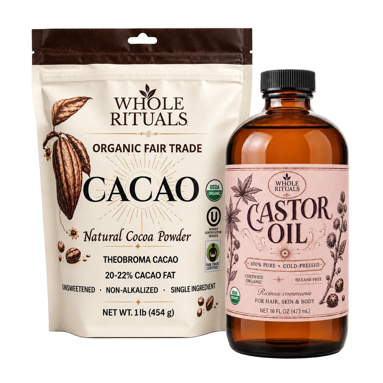 A Whole Rituals Organic Fair Trade Cacao bag standing next to a Whole Rituals Castor Oil bottle on a clean white background.