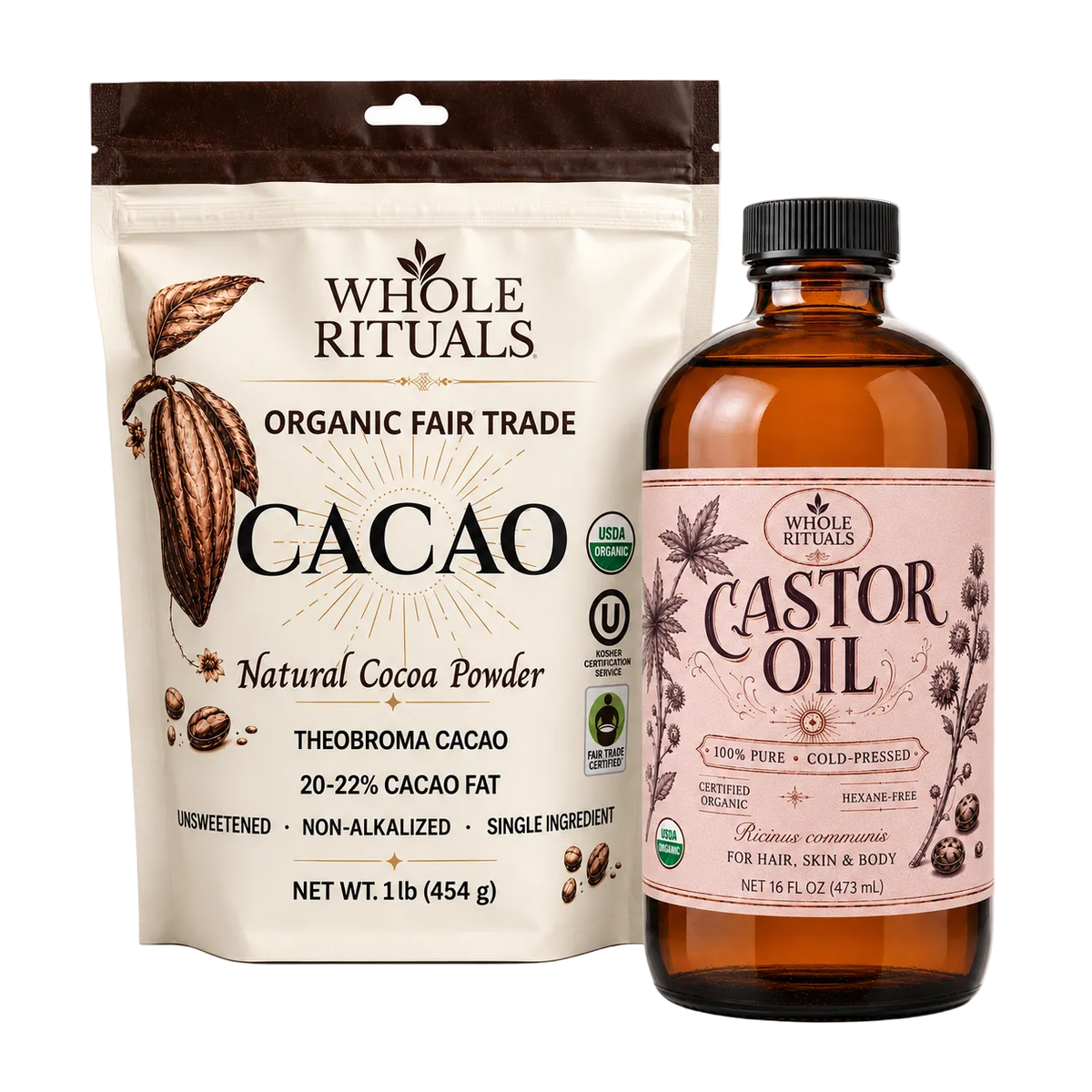 A Whole Rituals Organic Fair Trade Cacao bag standing next to a Whole Rituals Castor Oil bottle on a clean white background.
