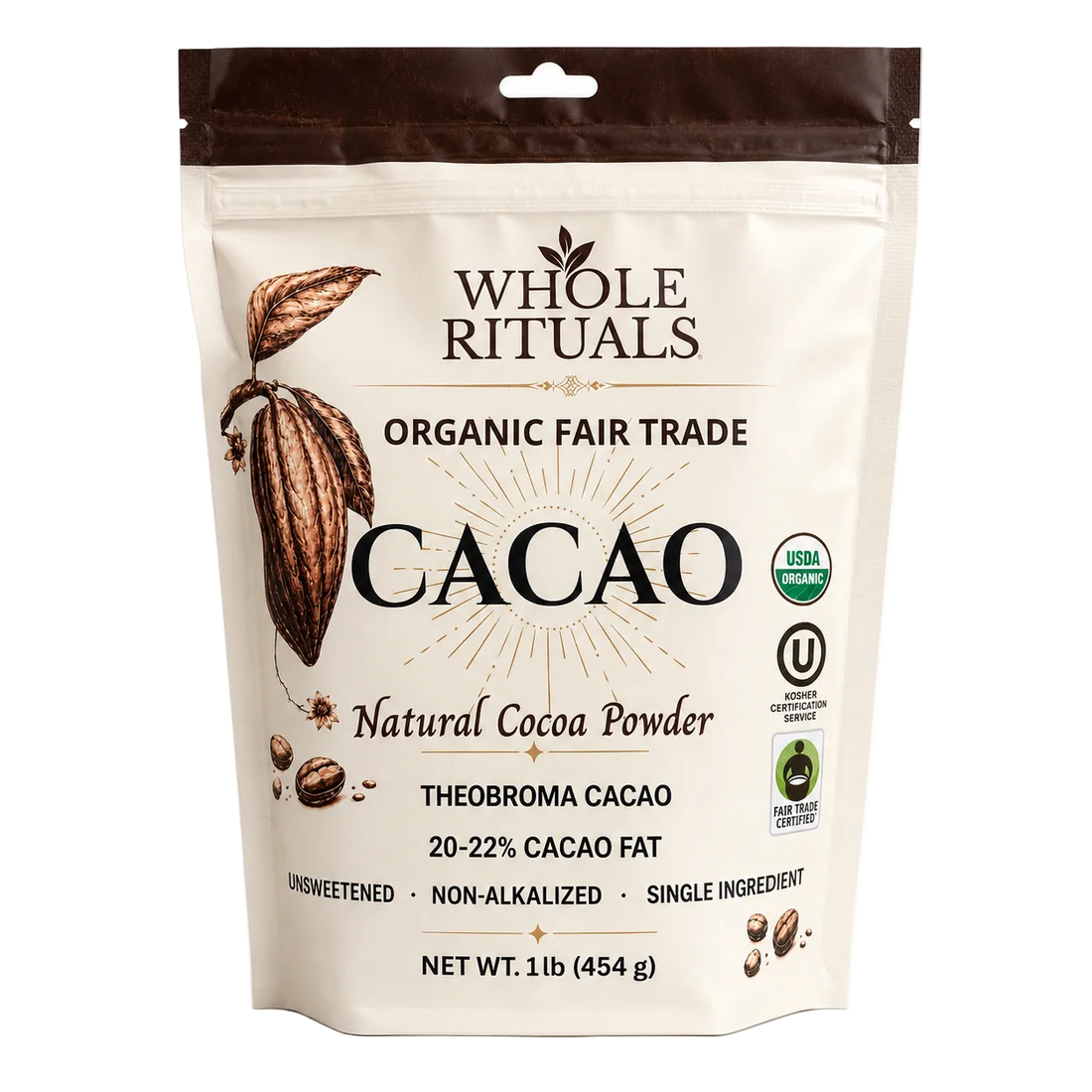Organic Cacao Powder 1 lb – Fair Trade, Unsweetened, Non-Alkalized Natural Cocoa