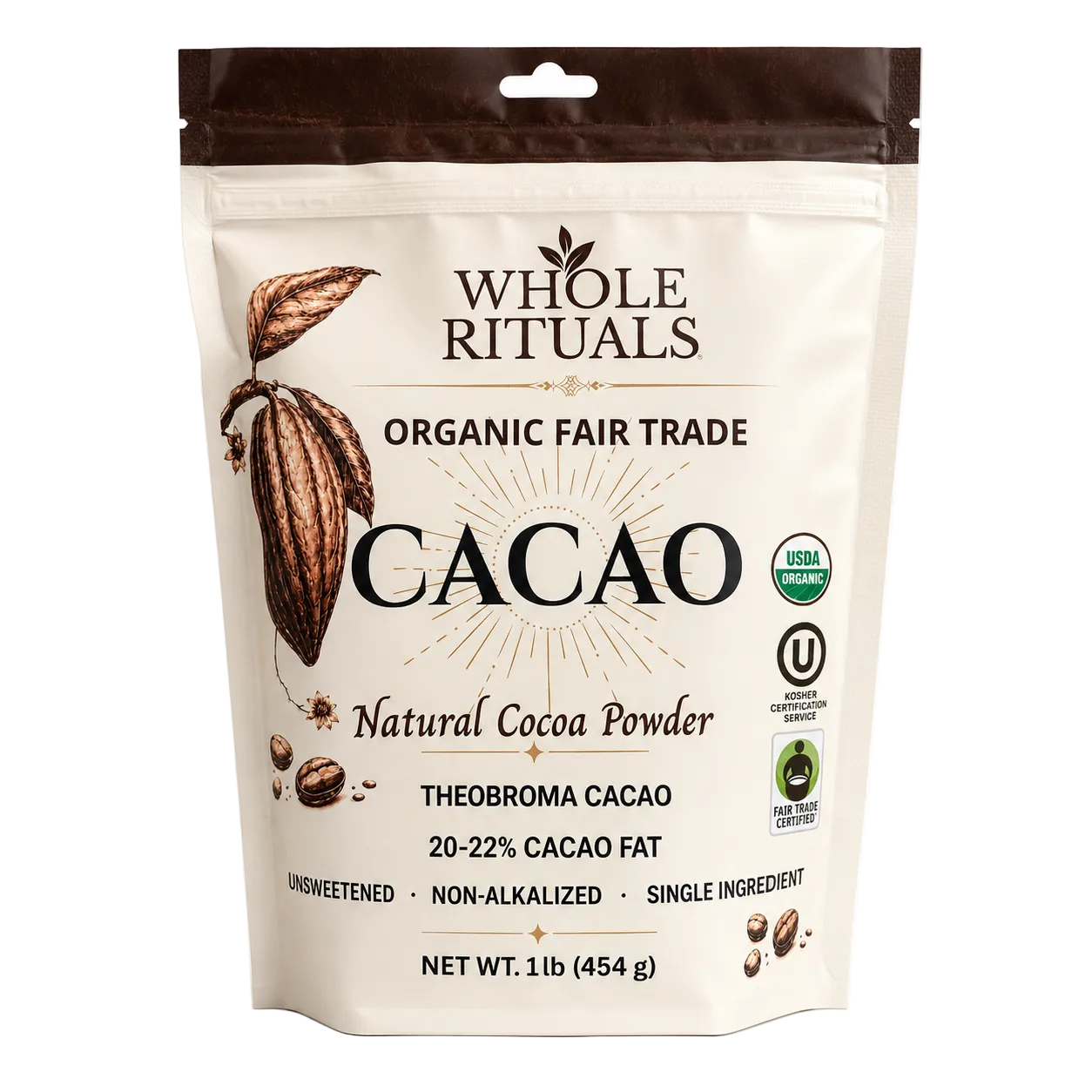 Organic Cacao Powder 1 lb – Fair Trade, Unsweetened, Non-Alkalized Natural Cocoa