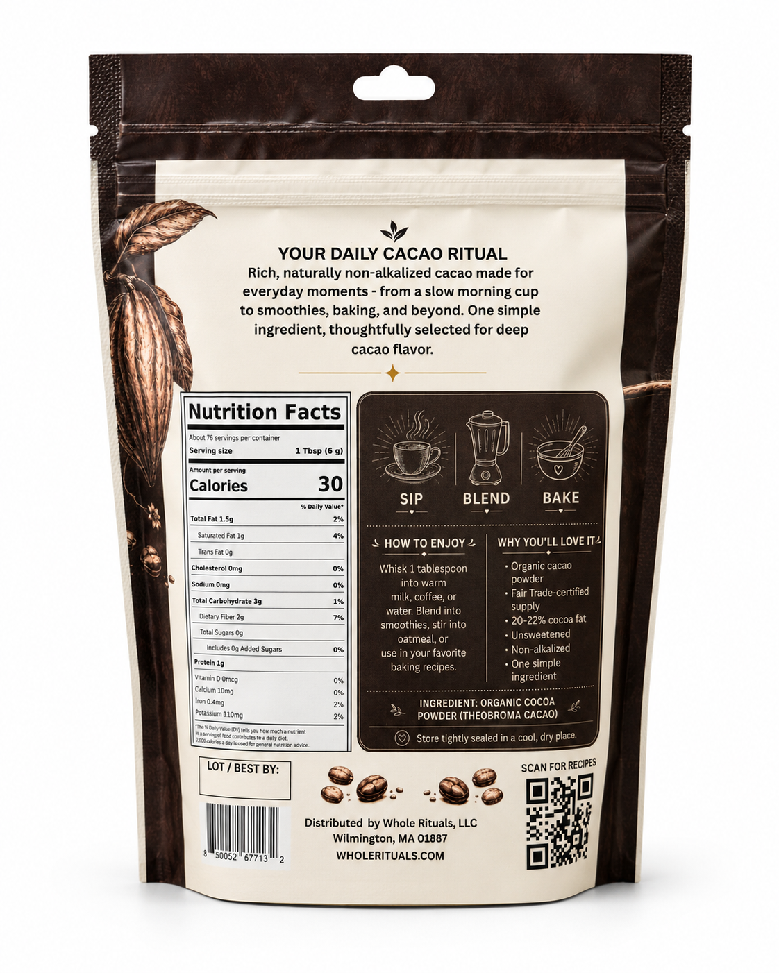 Back view of a Whole Rituals Cacao Powder stand-up pouch, showing the nutrition facts panel, serving suggestions with sip, blend, and bake icons, and a barcode on a white background.