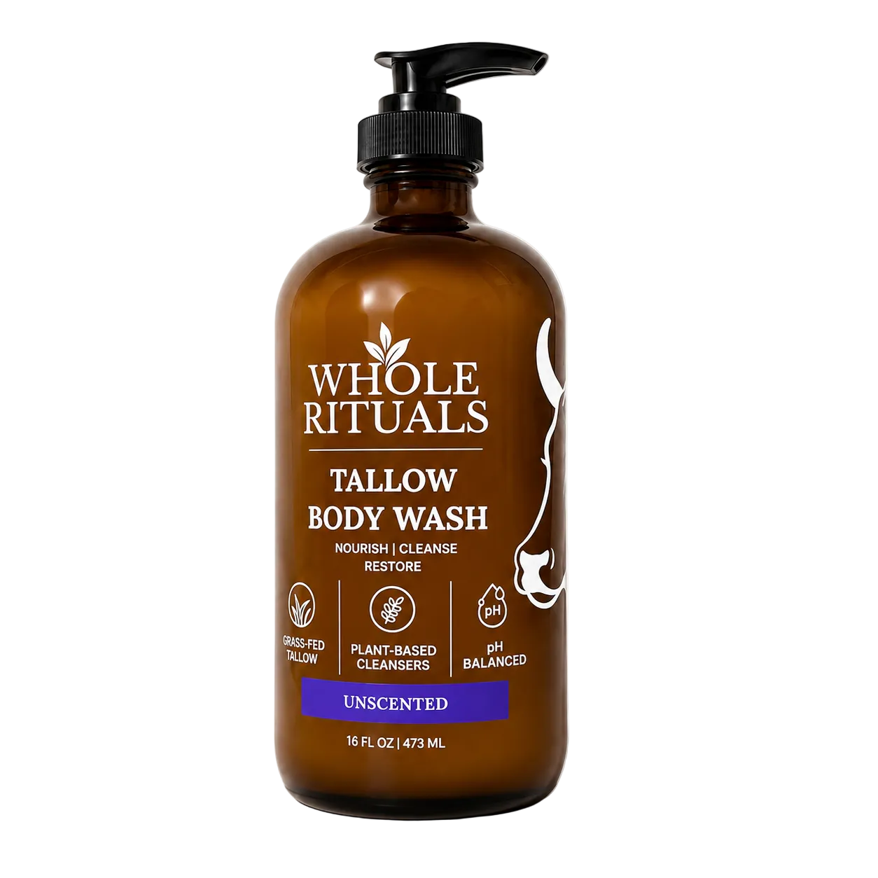 Brown bottle of Whole Rituals Tallow Body Wash on a white background