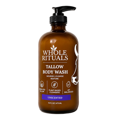 Brown bottle of Whole Rituals Tallow Body Wash on a white background