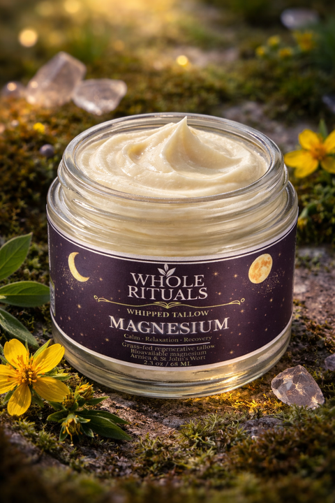 Jar of Whole Rituals Whipped Tallow Magnesium on a natural background with plants and stones.