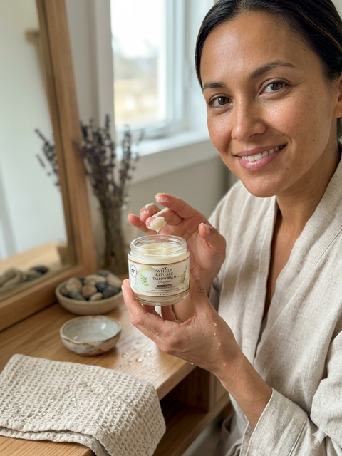 Woman in a bathrobe holding a jar of body scrub in a home setting.