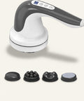 Handheld massager with attachments on a white background