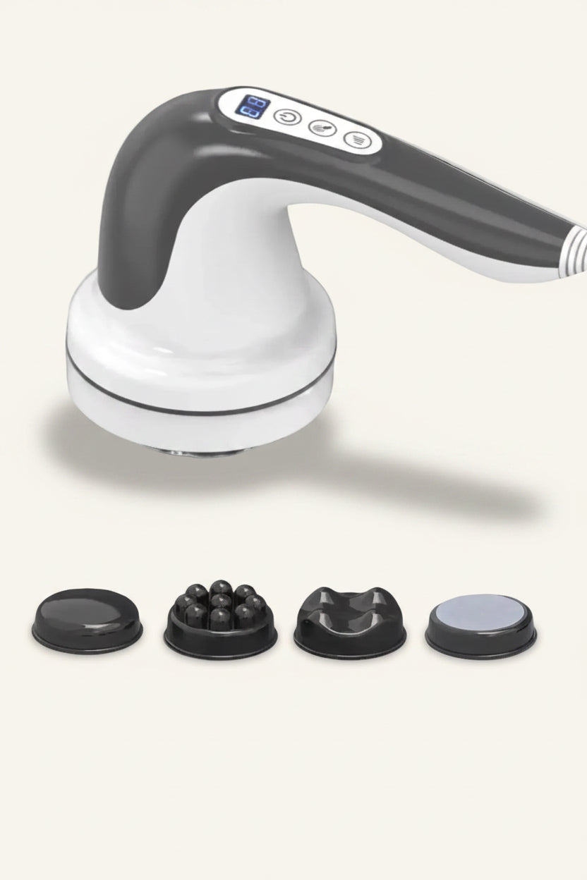 Handheld massager with attachments on a white background