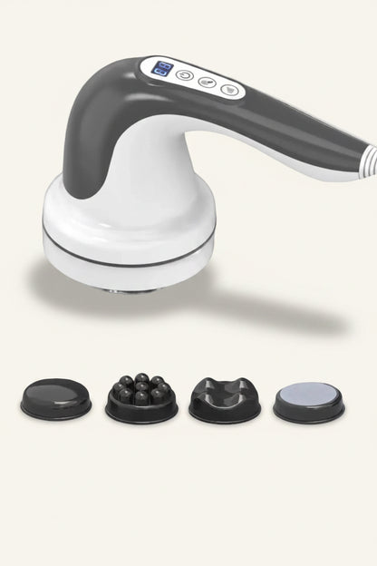 Handheld massager with attachments on a white background