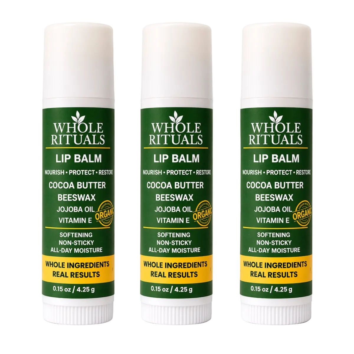 Three Whole Rituals lip balms on a white background
