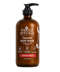 Brown bottle of Whole Rituals Tallow Body Wash with pump on a white background