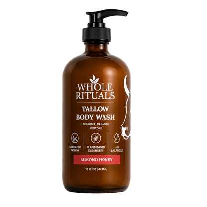 Brown bottle of Whole Rituals Tallow Body Wash with pump on a white background