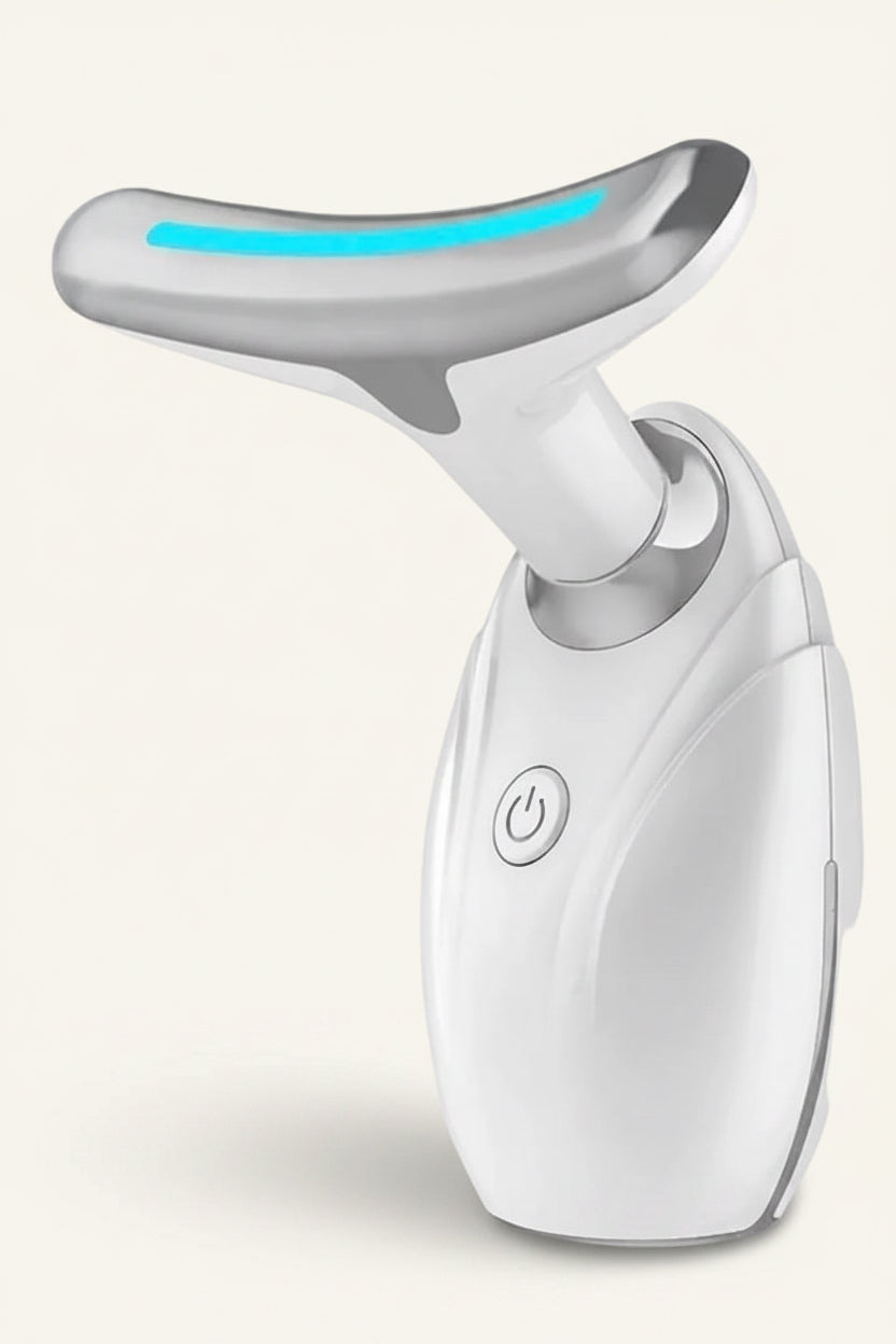 White electronic device with a blue light on a white background