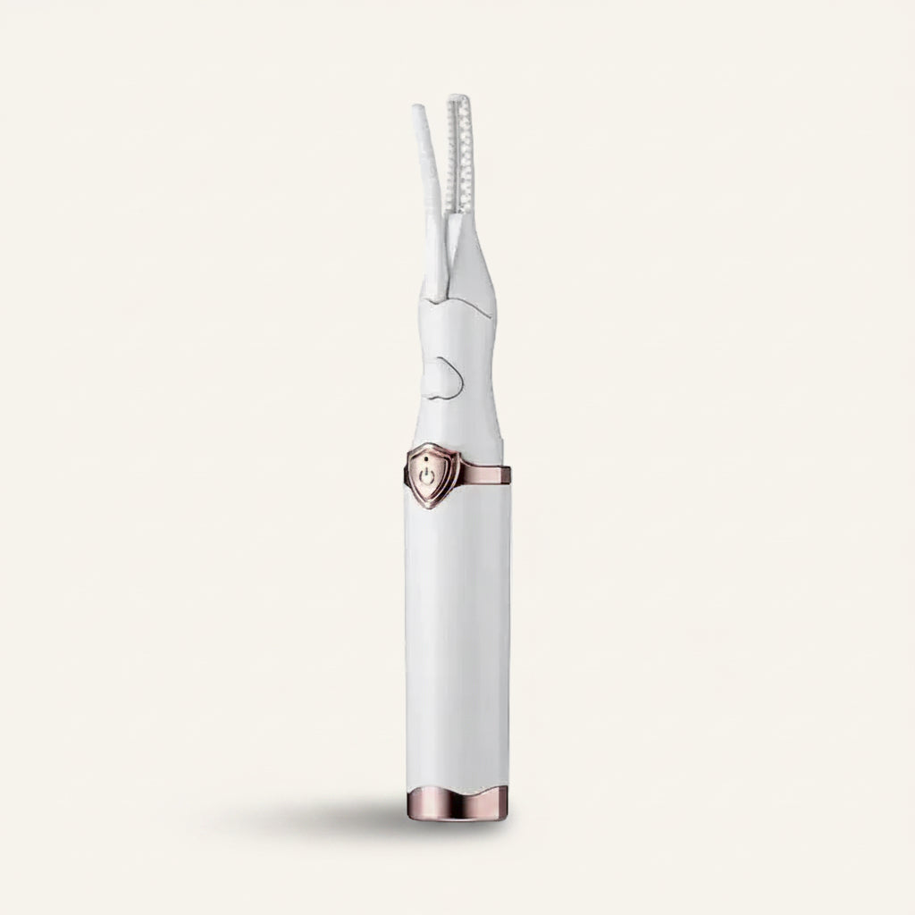 A white electric eyebrow grooming tool with rose gold metallic accents, shown on a solid white background.