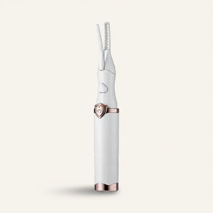 A white electric eyebrow grooming tool with rose gold metallic accents, shown on a solid white background.