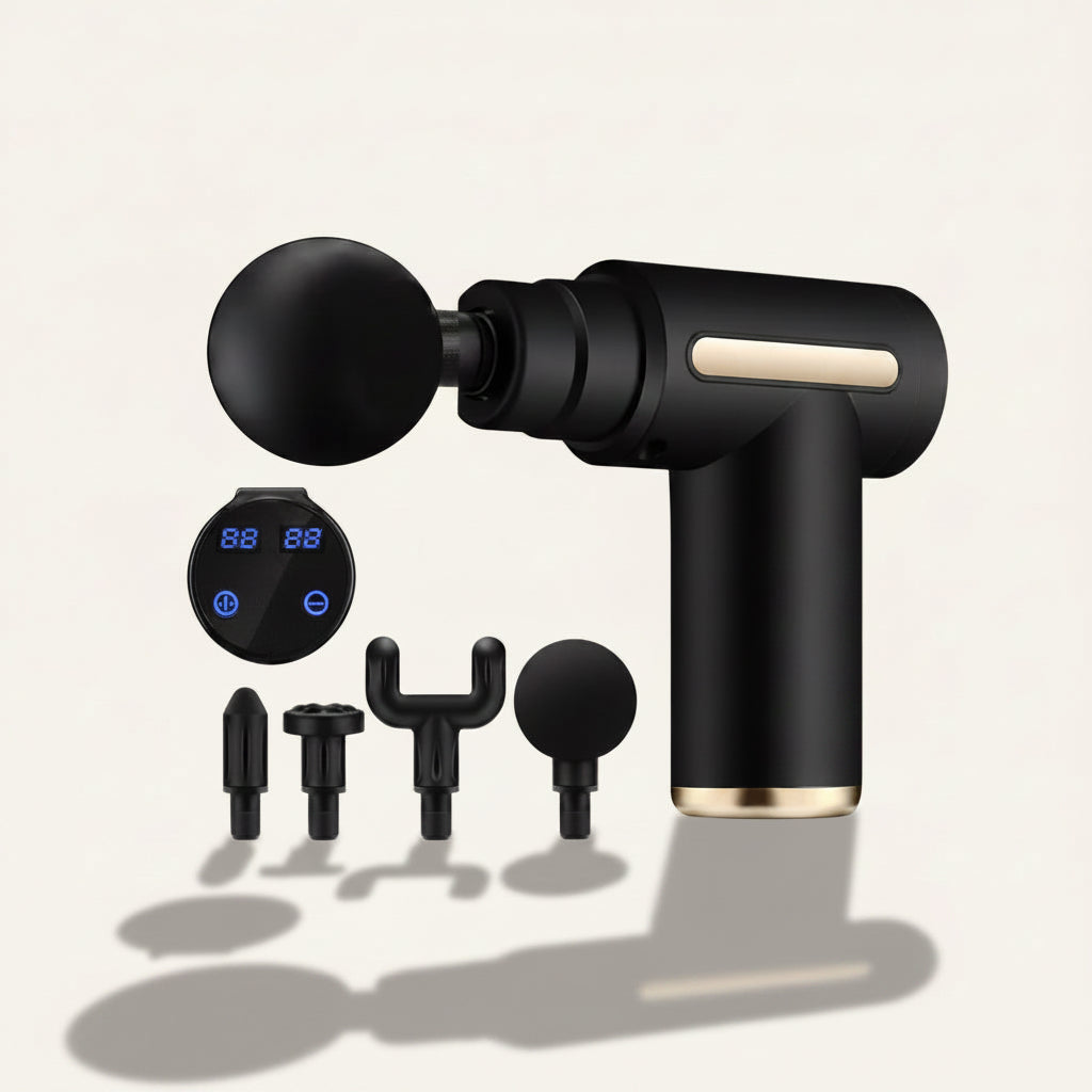 Black handheld massage gun with interchangeable attachments and a small digital display, shown on a light beige background with soft shadows.