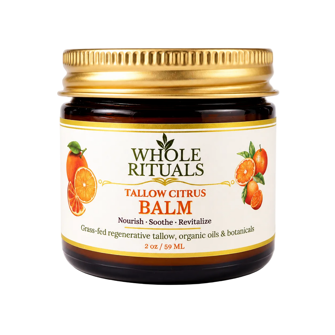 Jar of Whole Rituals Tallow Citrus Balm with a gold lid on a white background