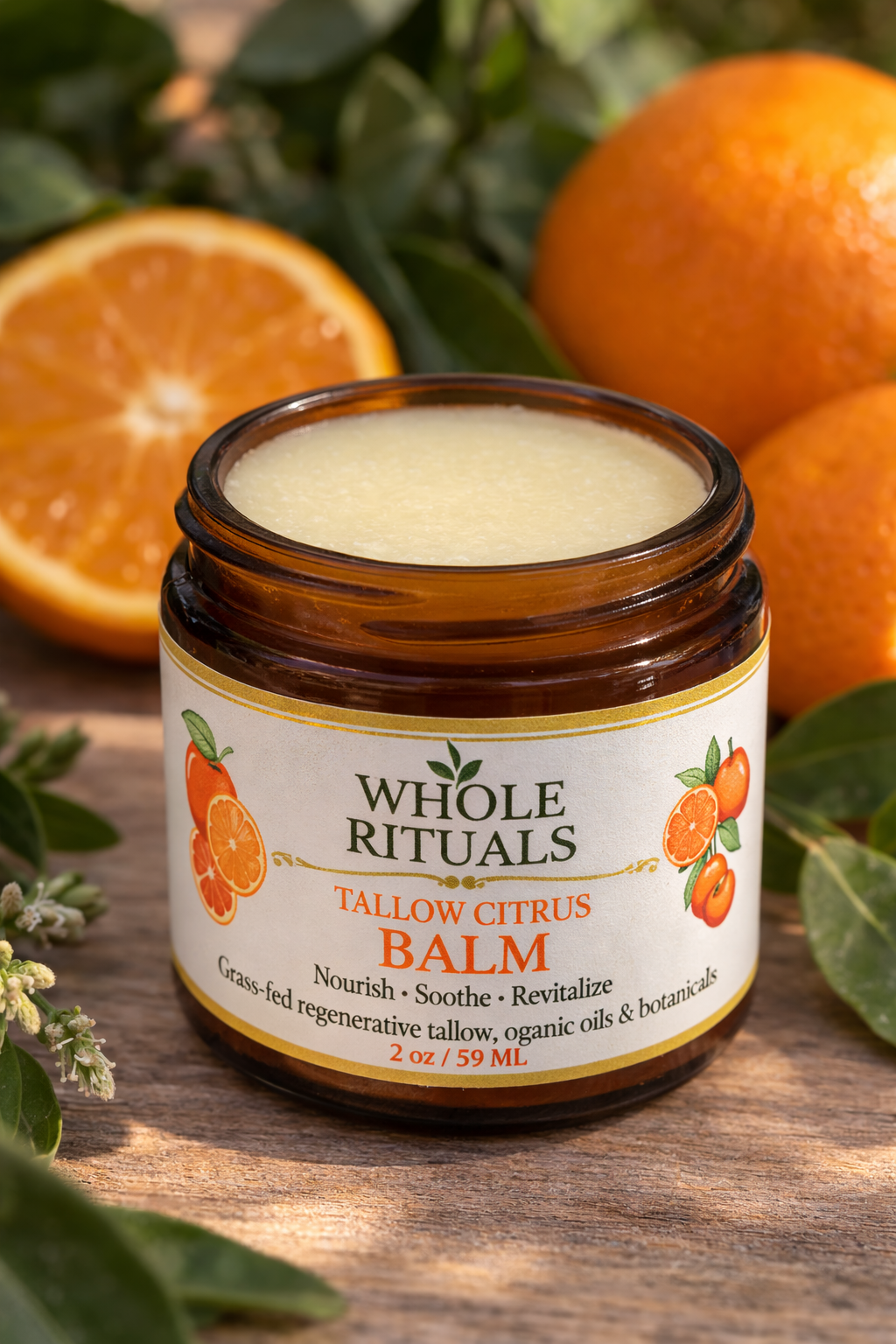 Jar of Whole Rituals Tallow Citrus Balm with oranges and leaves in the background