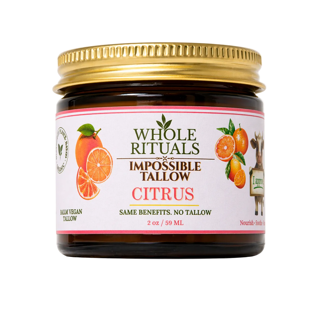 Jar of Whole Rituals Impossible Tallow Citrus product with a gold lid on a white background