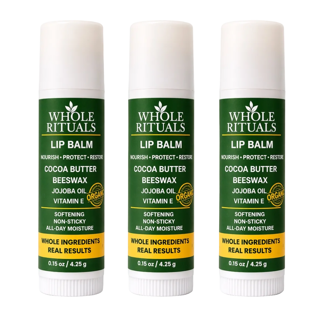 Three Whole Rituals lip balms on a white background