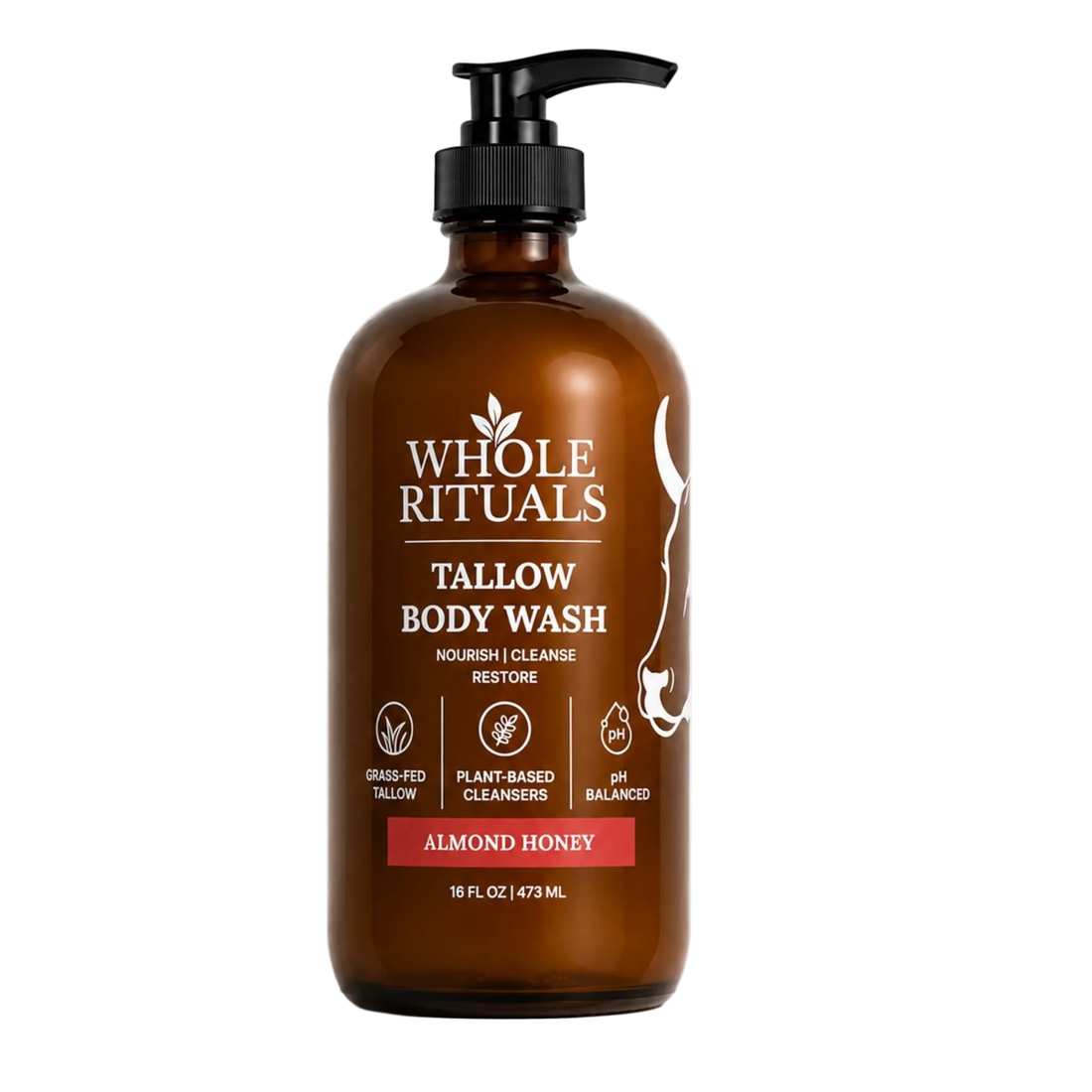 Brown bottle of Whole Rituals Tallow Body Wash with pump on a white background
