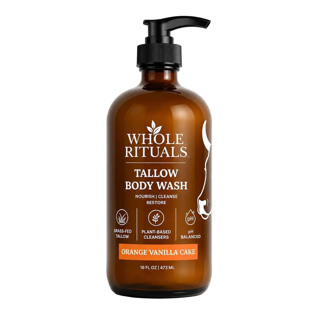 Brown bottle of Whole Rituals tallow body wash on a white background