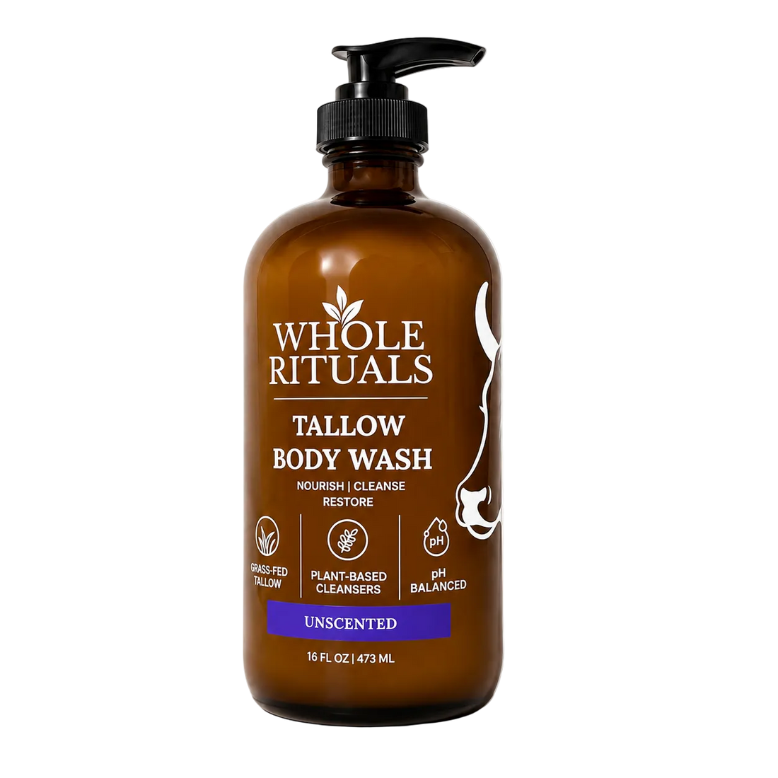 Brown bottle of Whole Rituals Tallow Body Wash on a white background