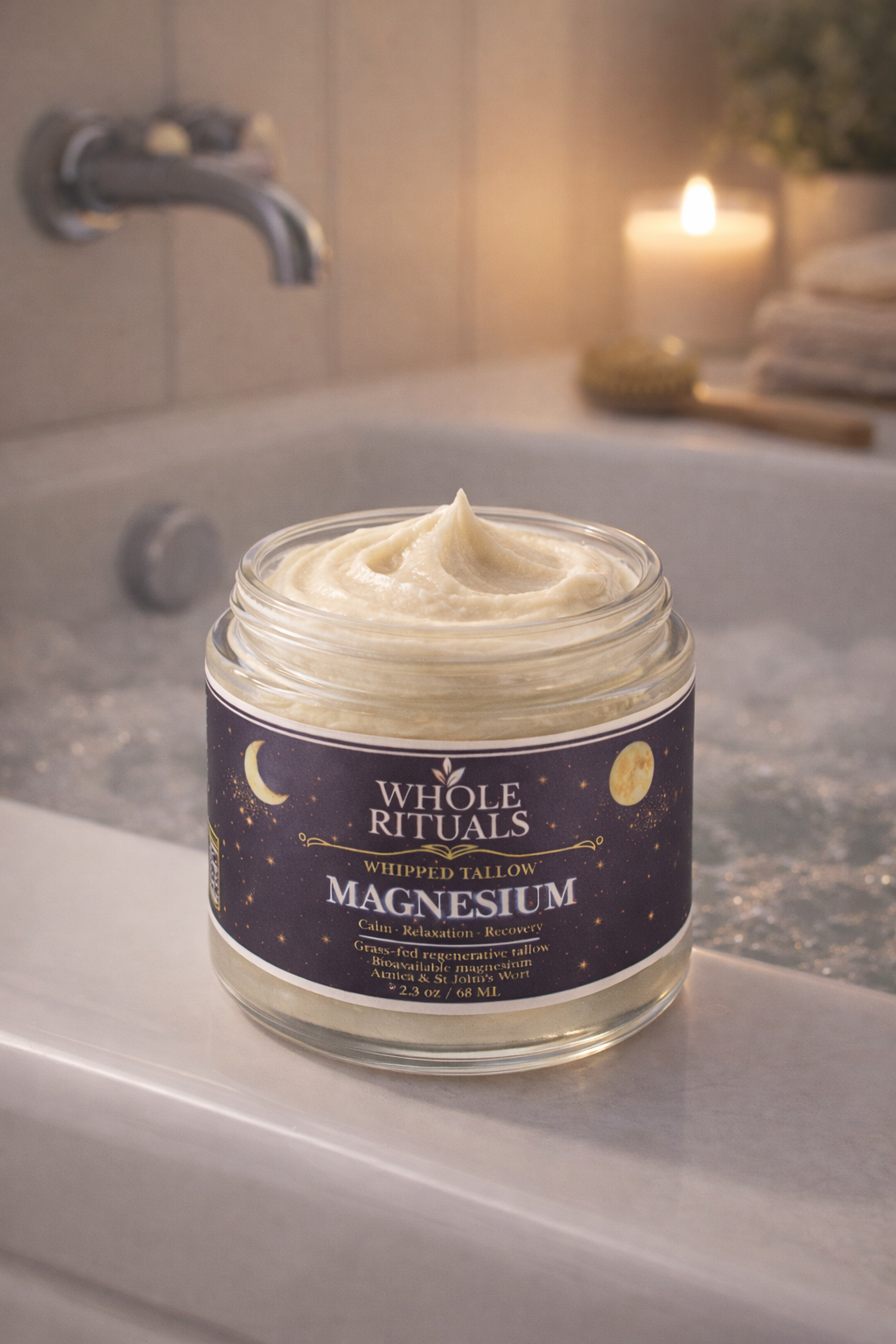 Jar of Whole Rituals whipped tallow magnesium on a bathroom counter with a candle in the background.